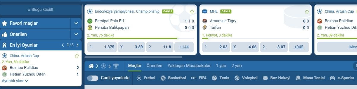 1xBet Canlı Bahis Oyunları ve Oranları