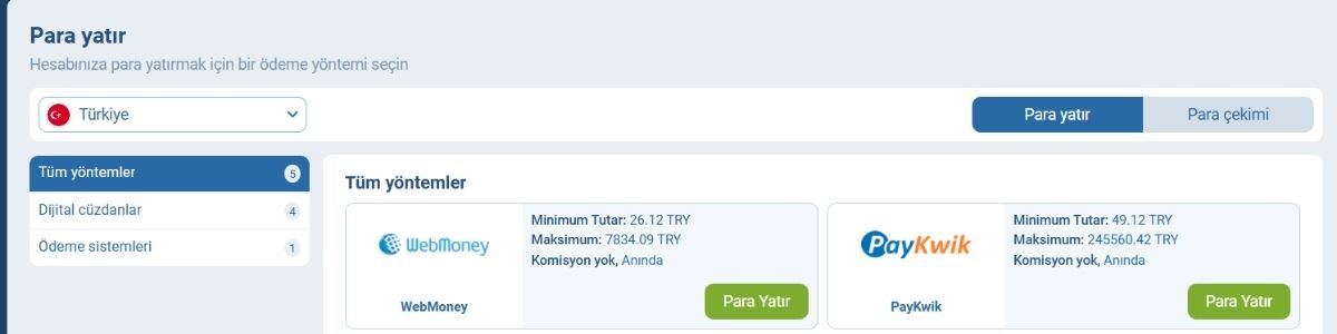 1xBet Para Yatırma Yöntemleri