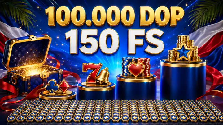 Paquete de casino de hasta 100000 DOP y 150 giros gratis