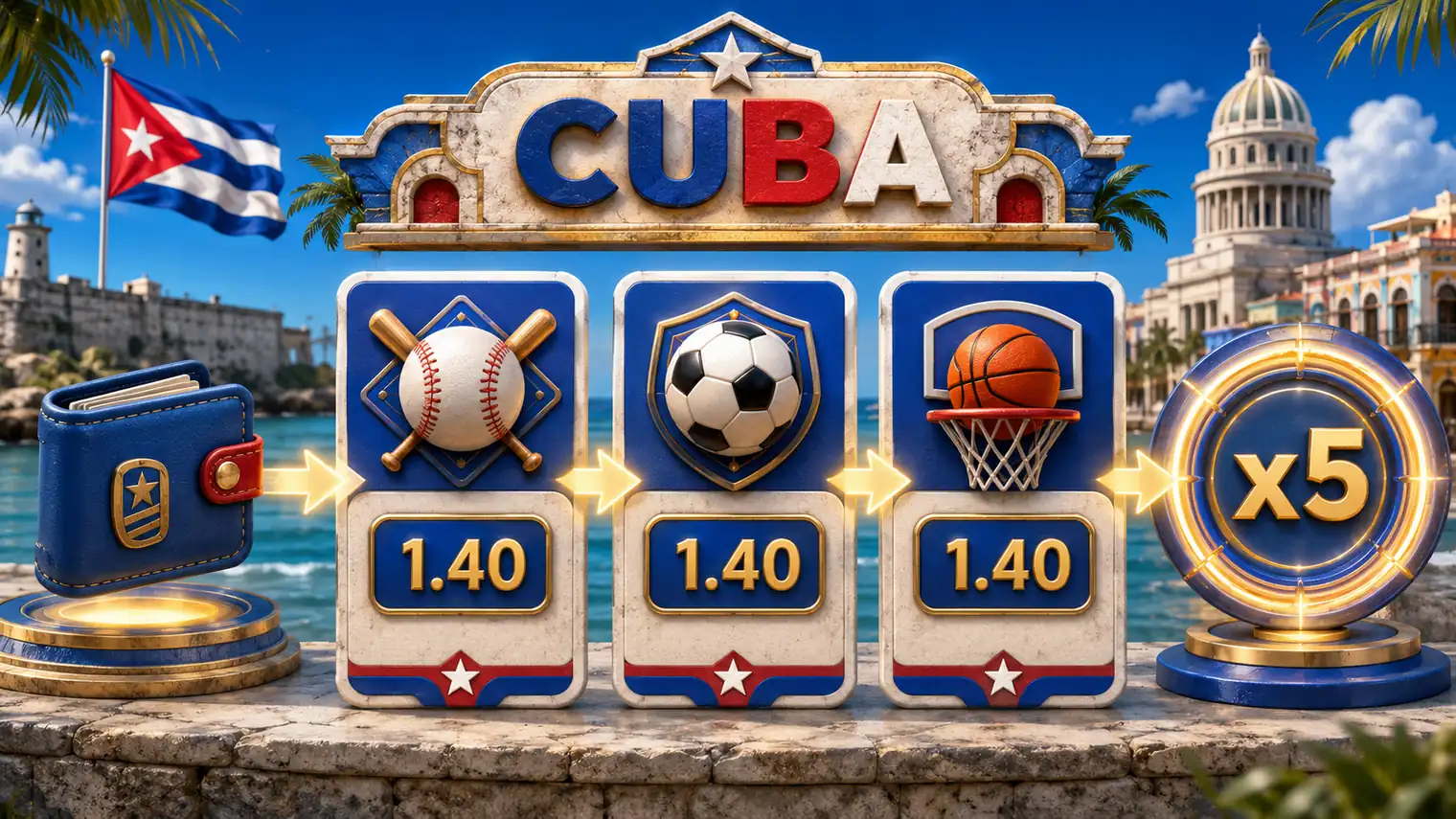 Bono deportivo 1xBet Cuba con tres eventos cuota 1.40 y wagering x5