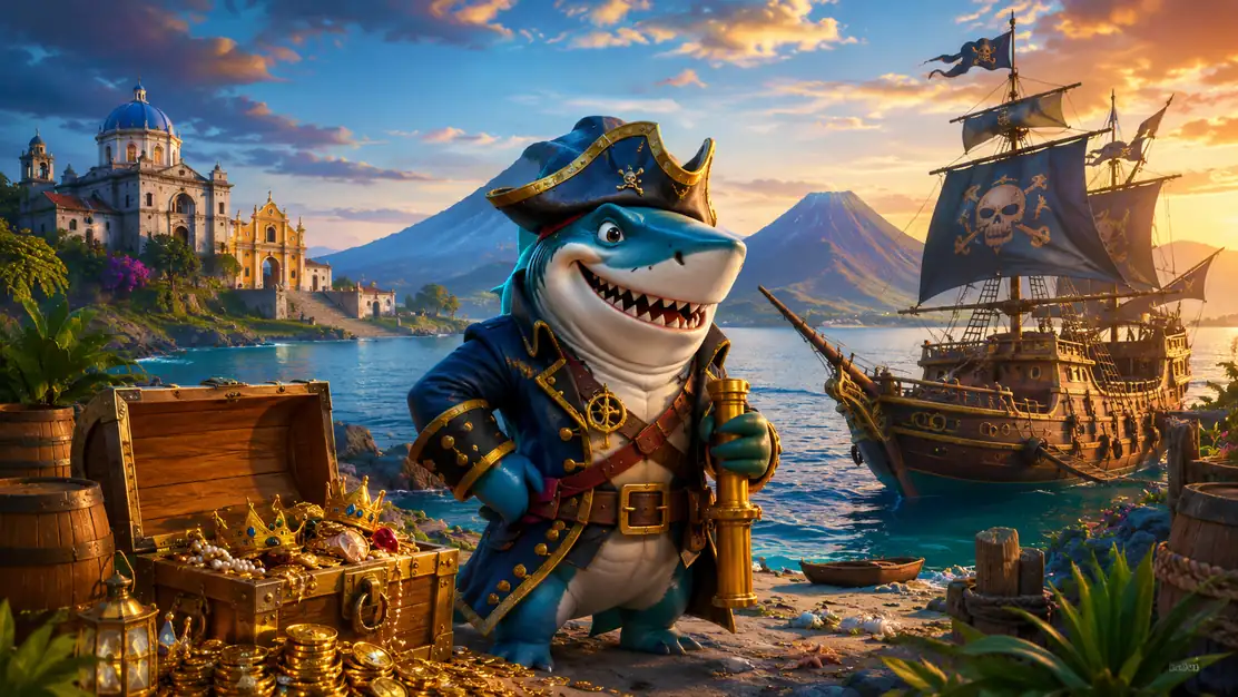 Captain Sharky con barco tiburon y tesoro