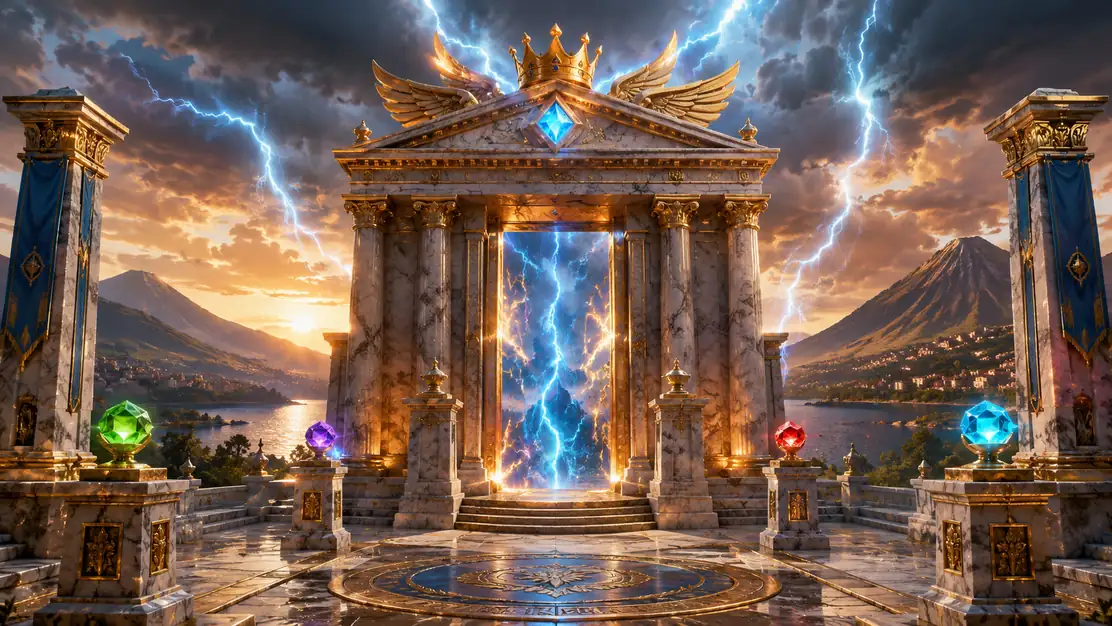 Gates of Olympus con templo rayos y simbolos dorados
