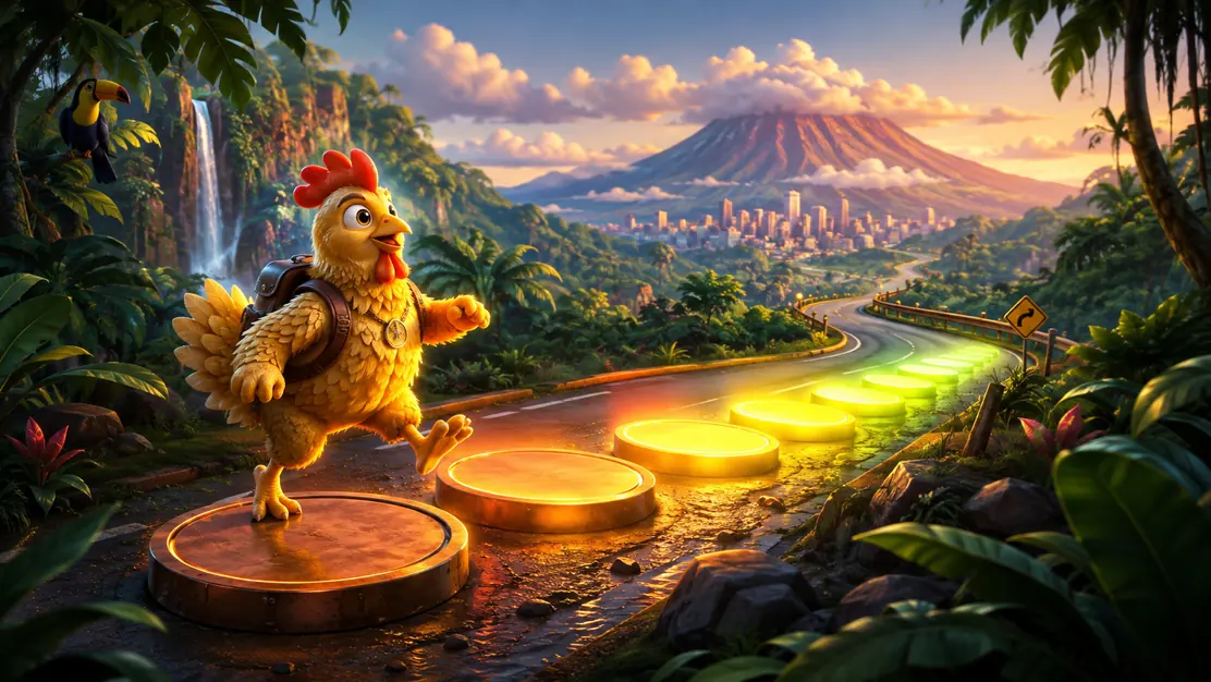 1x Chicken Road con gallina avanzando por un camino tropical