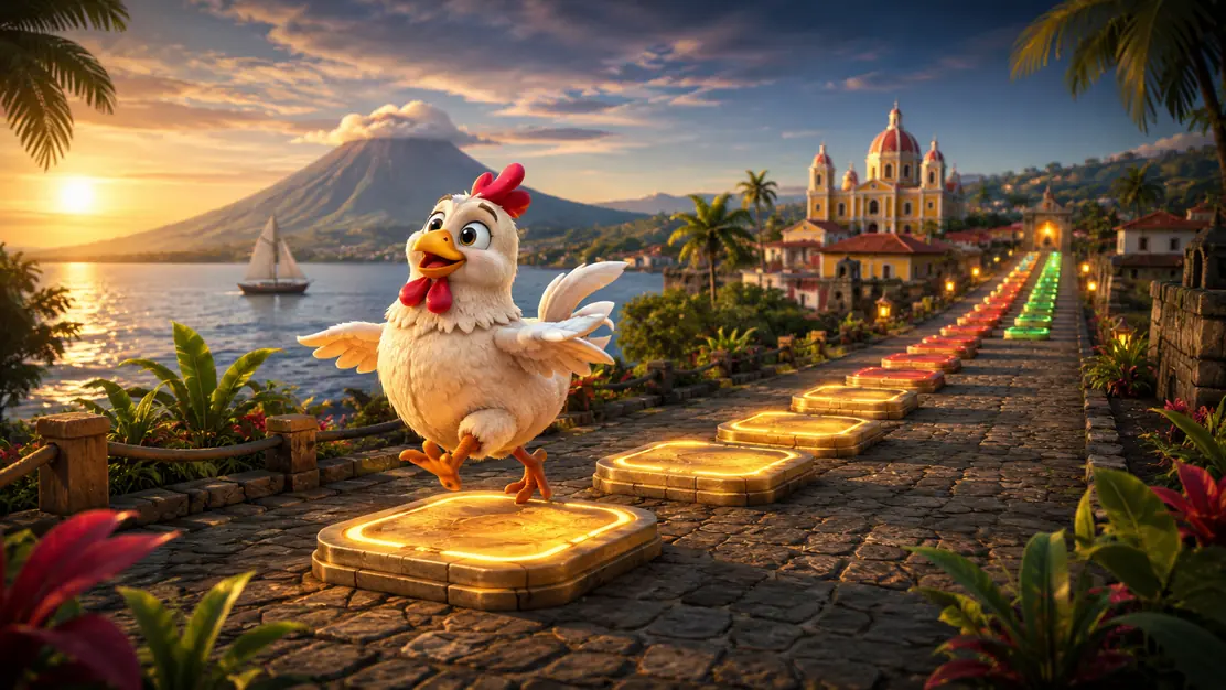 Chicken Road con carretera y etapas iluminadas