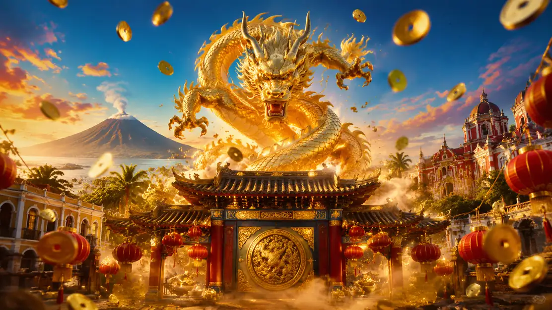 Caishen Gold Dragon Awakes con dragon y monedas