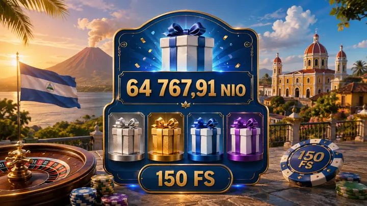 Bono de casino hasta 64767 NIO y 150 giros gratis