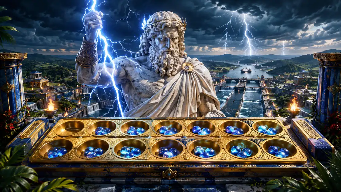 Mancala Power of Zeus con rayos y tablero mitologico