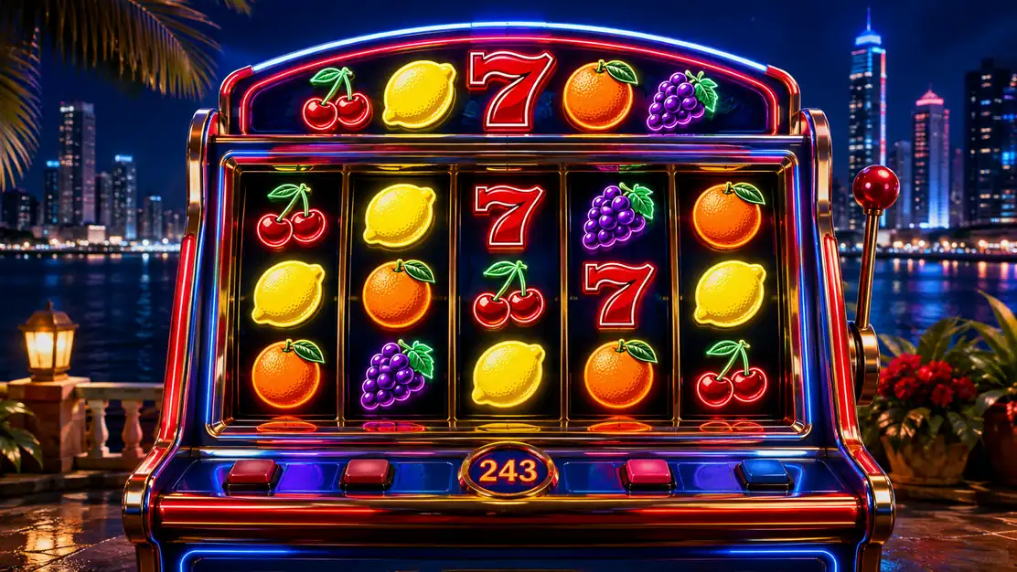 Lucky Retro Fruits 243 con frutas clasicas y estilo neon