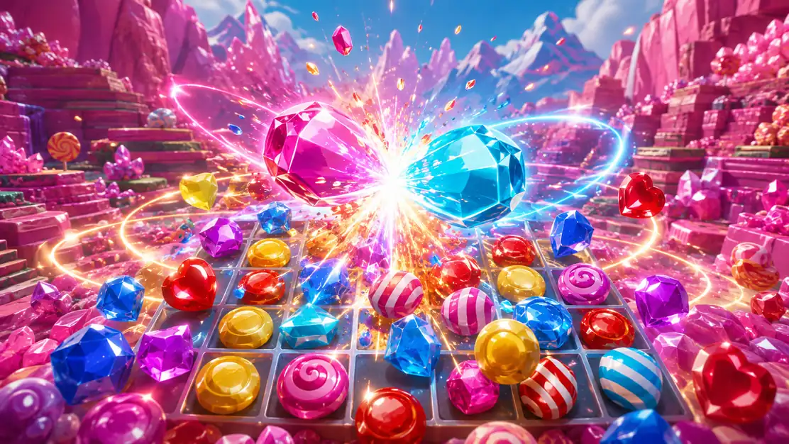 Candy Clash con dulces cristalinos y tablero de colores