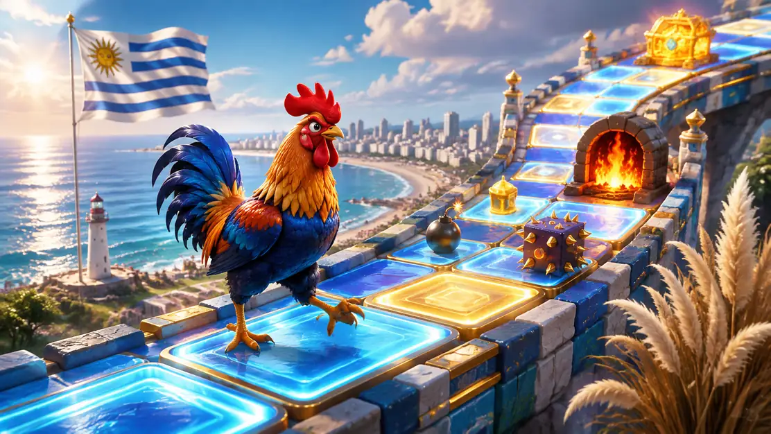 Escena inspirada en 1x Chicken Road con camino obstaculos y multiplicadores