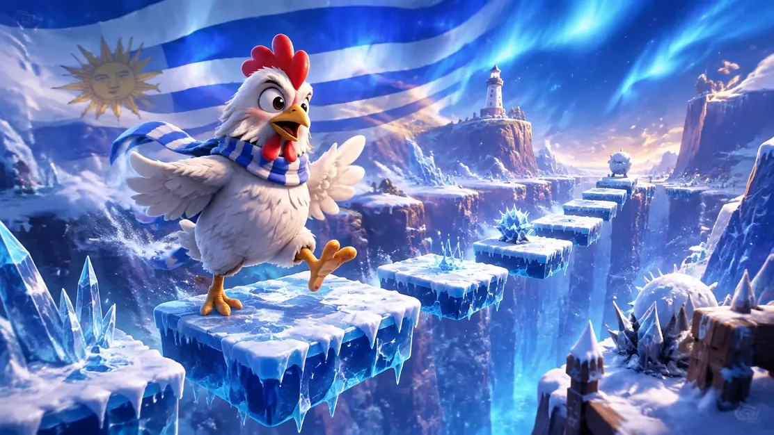 Camino helado y personaje de gallina inspirado en Chicken Road ICE